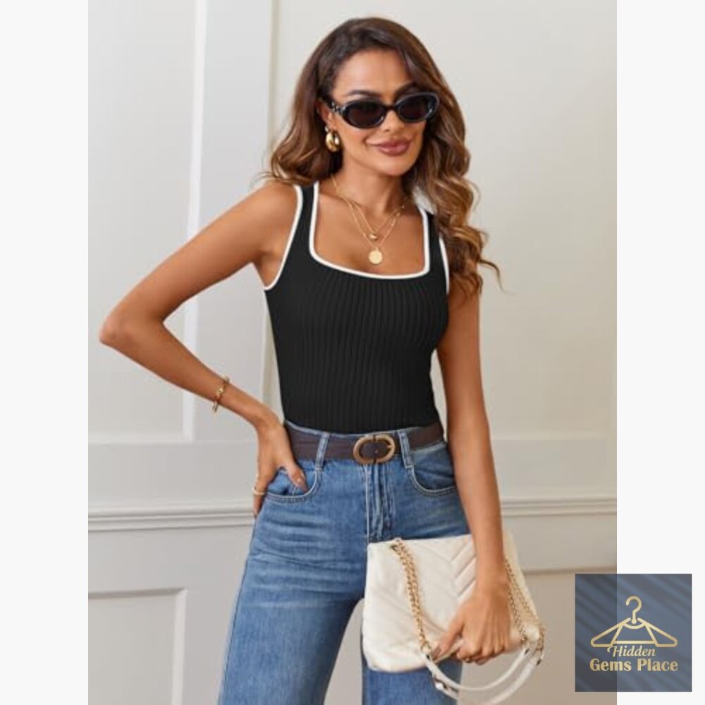 Slim Fit Ribbed Knit Tank Top Square Neck Sleeveless Summer Basic - Picture 2 of 7
